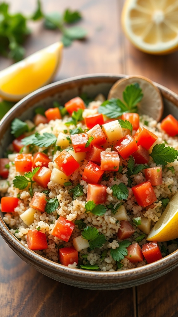 A colorful bowl of tabbouleh salad made with parsley, tomatoes, mint, and bulgur wheat, served with lemon wedges on a rustic table.